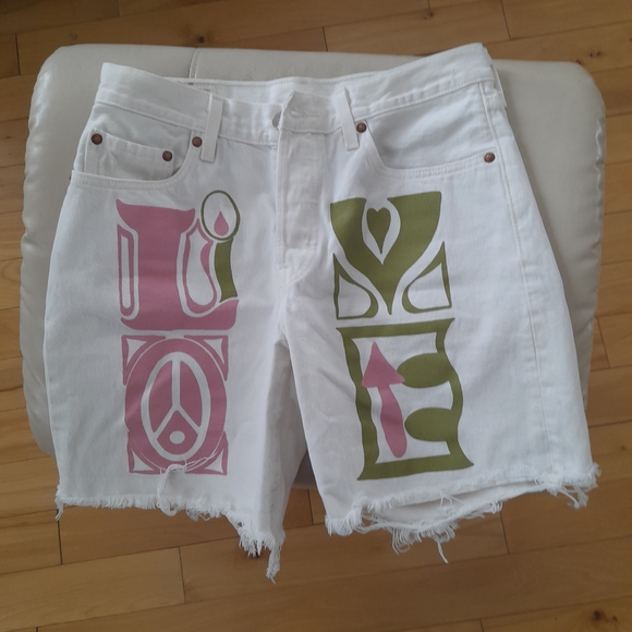Levi's Pants - Levi's White Jean Shorts with Pink and Green Graphics